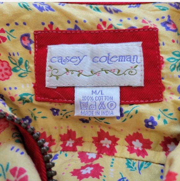 Casey Coleman Embroidered Collared Denim Jacket Red Size M / L Flowers Gardening - Picture 5 of 12